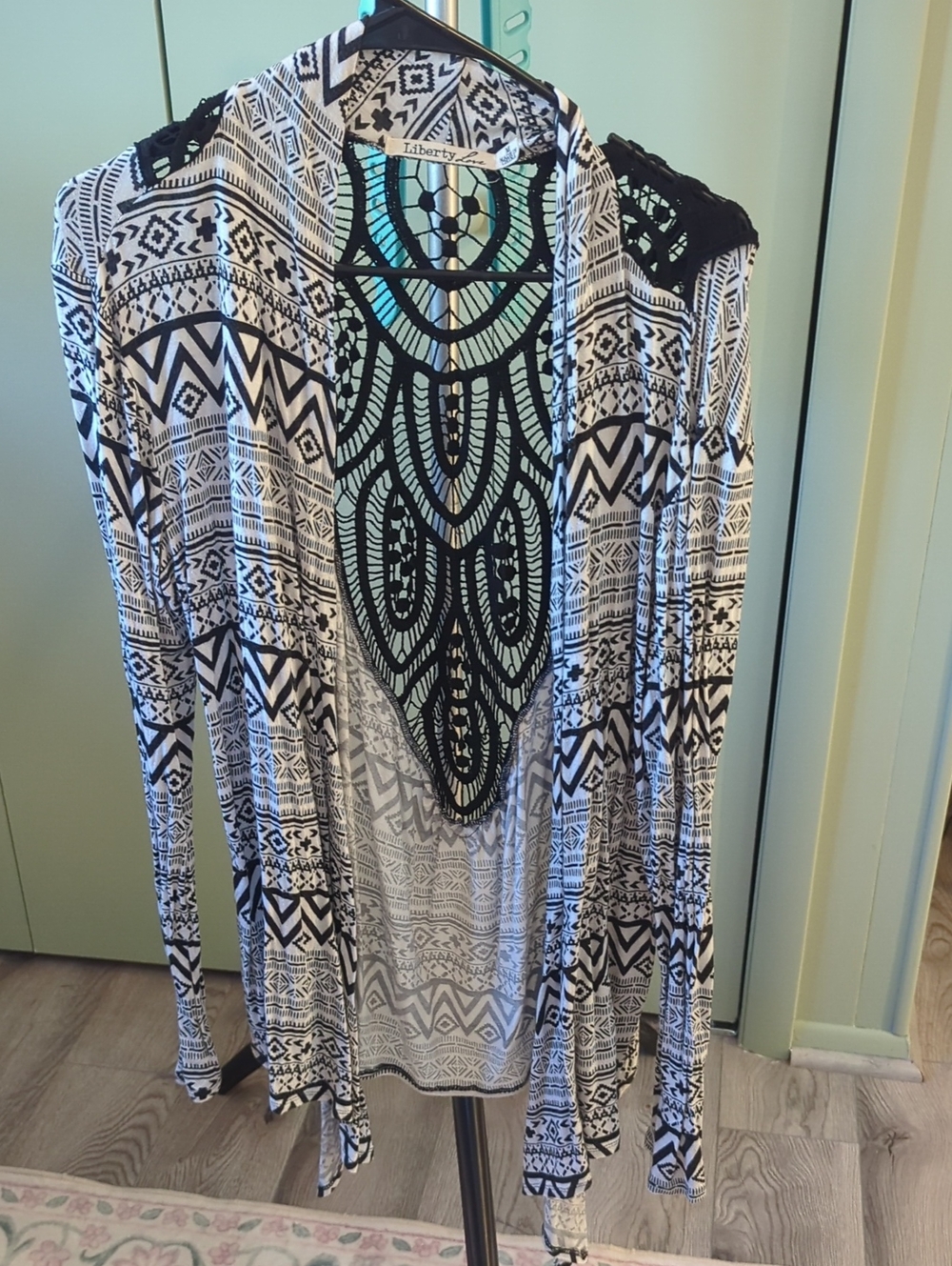 Liberty Love Black & White Aztec Open-Front Cardigan with Black Accent